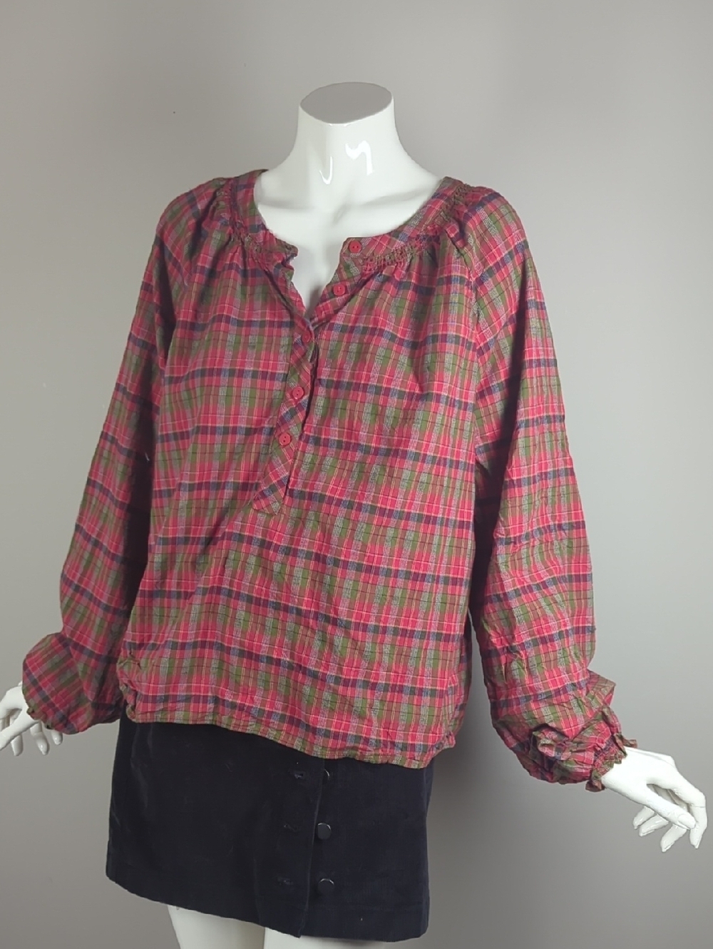 Chaps Red and Green Plaid Button-Neck Peasant Blouse Medium